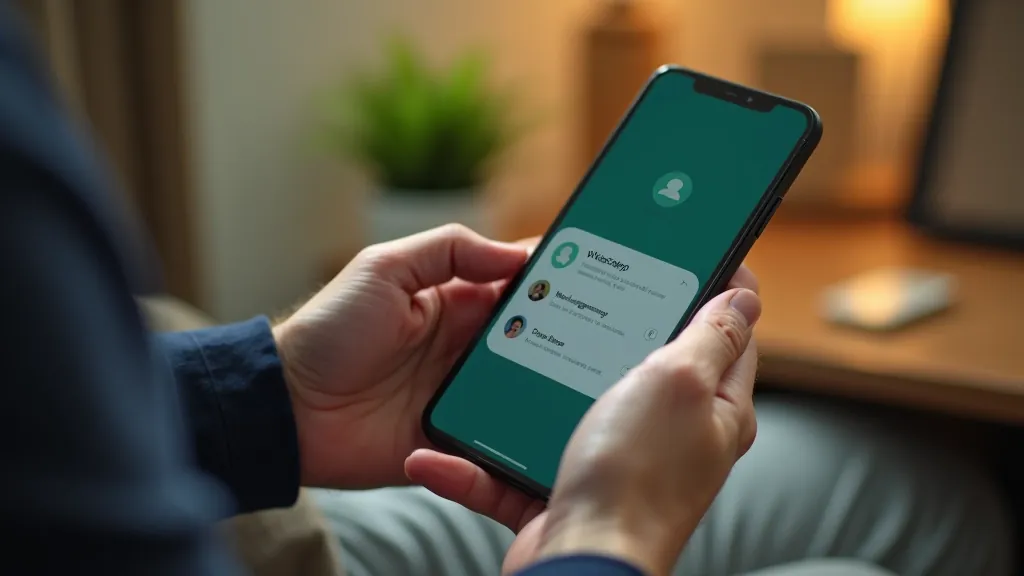 Seniora rokas tuvinājumā, rāda WhatsApp grupu vadības izvēlni ar opcijām un notīrīto ekrānu