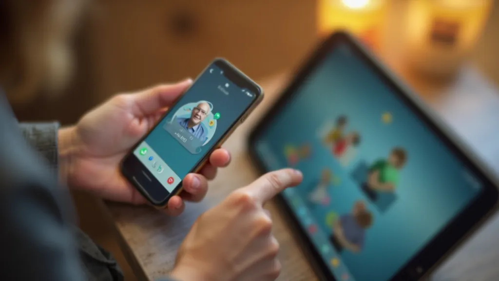 Viedtālruņa ekrāns ar messenger aplikāciju, seniora rokas